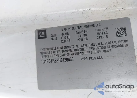 2017 Chevrolet Camaro 1Lt из США, поврежденный, VIN 1G1FB1RS3H0126663